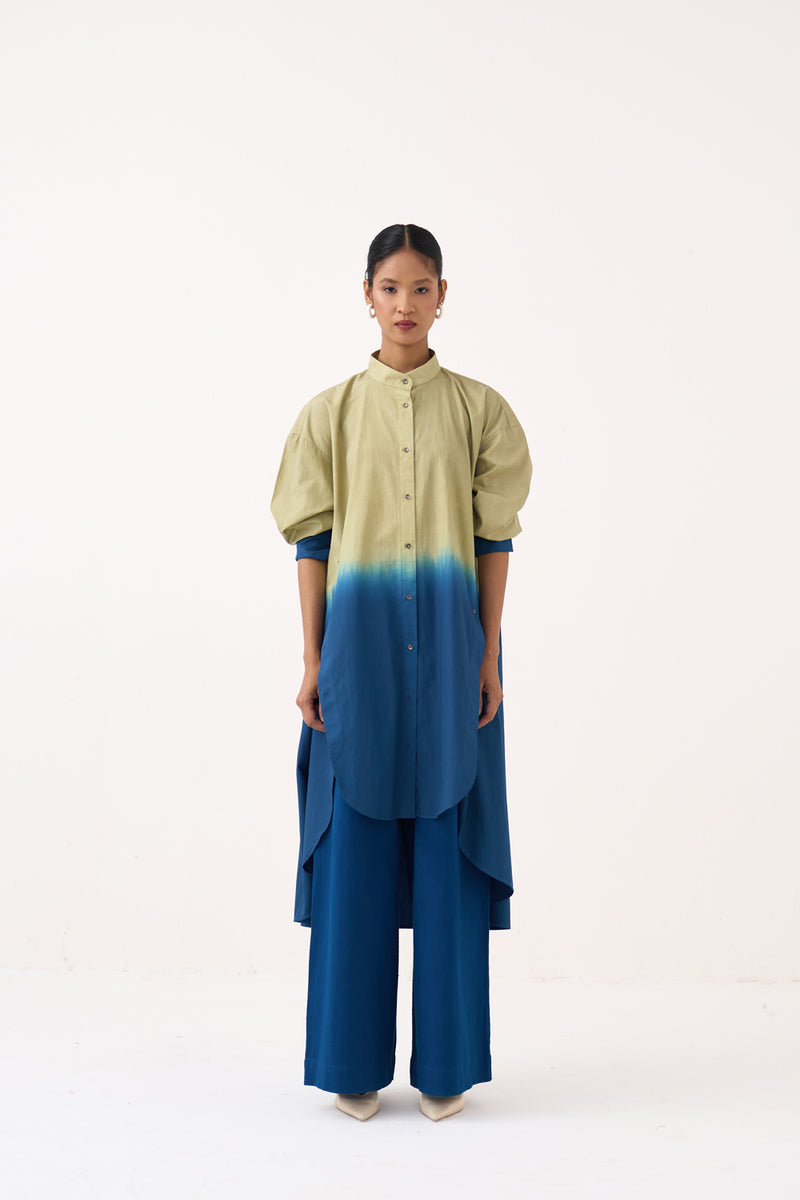 Dip-Dye Side Button Tunic Co-Ord-Cobalt Blue/Soft Moss 100% cotton poplin co-ord set by THREE in cobalt blue for women Worldwide