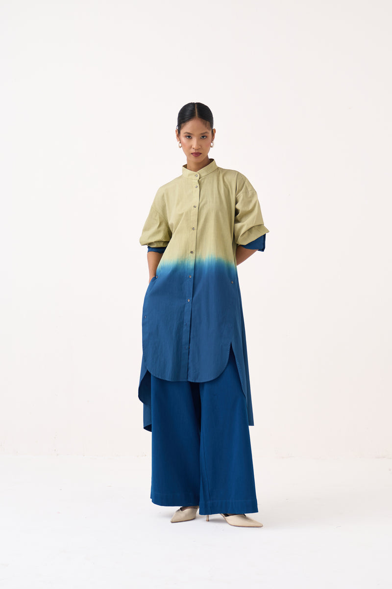 Dip-Dye Side Button Tunic Co-Ord-Cobalt Blue/Soft Moss 100% cotton poplin co-ord set by THREE in cobalt blue for women Worldwide