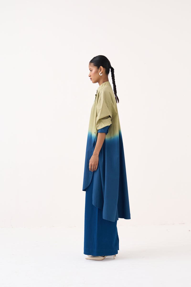 Dip-Dye Side Button Tunic Co-Ord-Cobalt Blue/Soft Moss 100% cotton poplin co-ord set by THREE in cobalt blue for women Worldwide