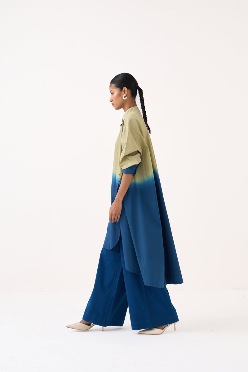 Dip-Dye Side Button Tunic-Cobalt Blue/Soft Moss 100% cotton poplin tunics/kaftan by THREE in cobalt blue for women Worldwide