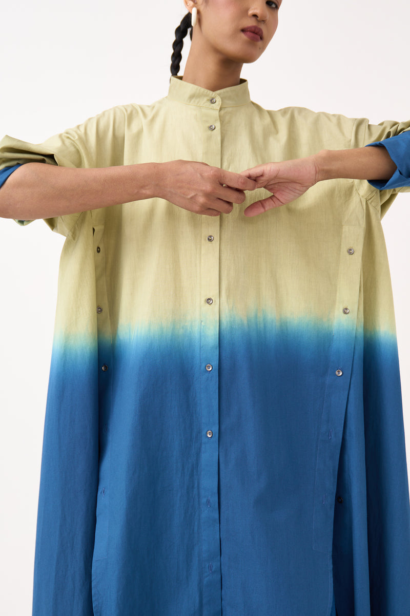Dip-Dye Side Button Tunic Co-Ord-Cobalt Blue/Soft Moss 100% cotton poplin co-ord set by THREE in cobalt blue for women Worldwide