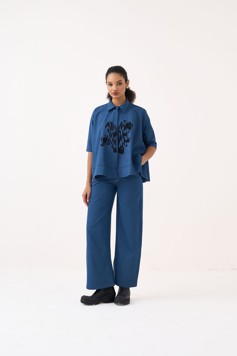 Floral Emb. Denim Shirt Co-Ord (Set Of 2)-Denim Blue denim co-ord set by THREE in blue for women Worldwide