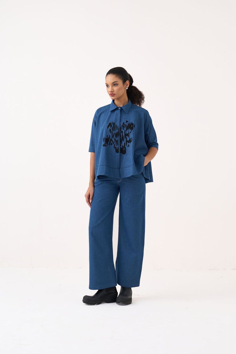 Floral Emb. Denim Shirt-Denim Blue denim tunics and kaftans by THREE in blue for women Worldwide