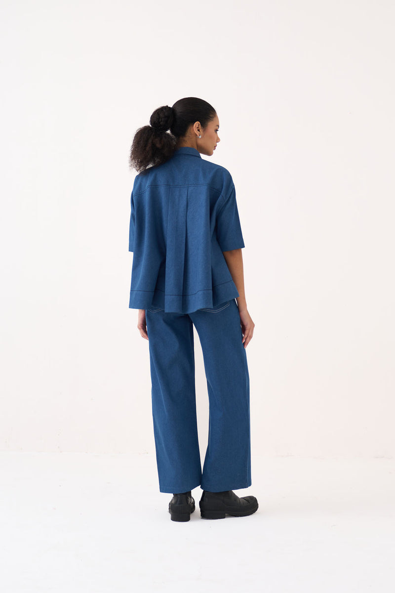 Floral Emb. Denim Shirt Co-Ord (Set Of 2)-Denim Blue denim co-ord set by THREE in blue for women Worldwide