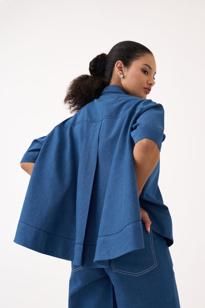 Floral Emb. Denim Shirt-Denim Blue denim tunics and kaftans by THREE in blue for women Worldwide