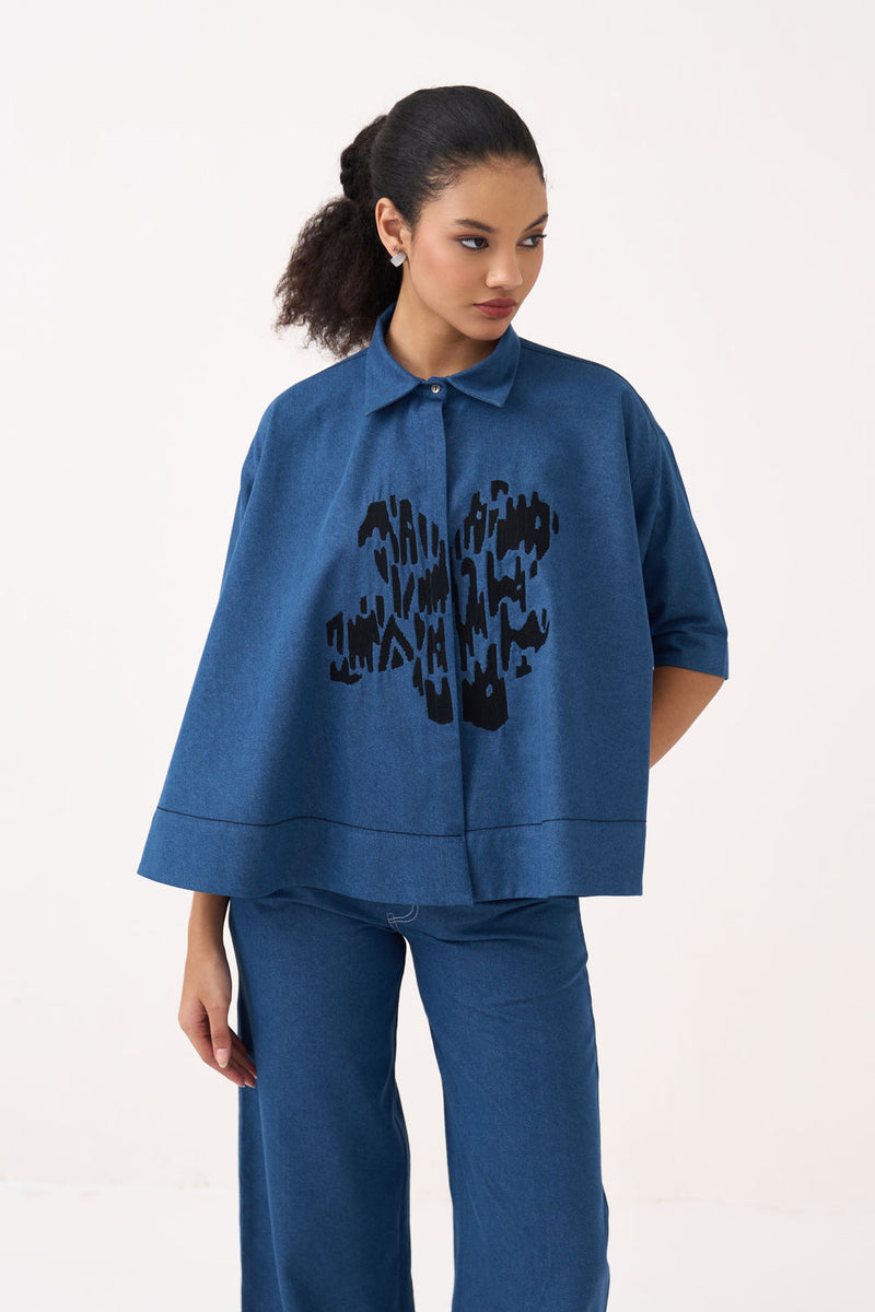 Floral Emb. Denim Shirt-Denim Blue denim tunics and kaftans by THREE in blue for women Worldwide