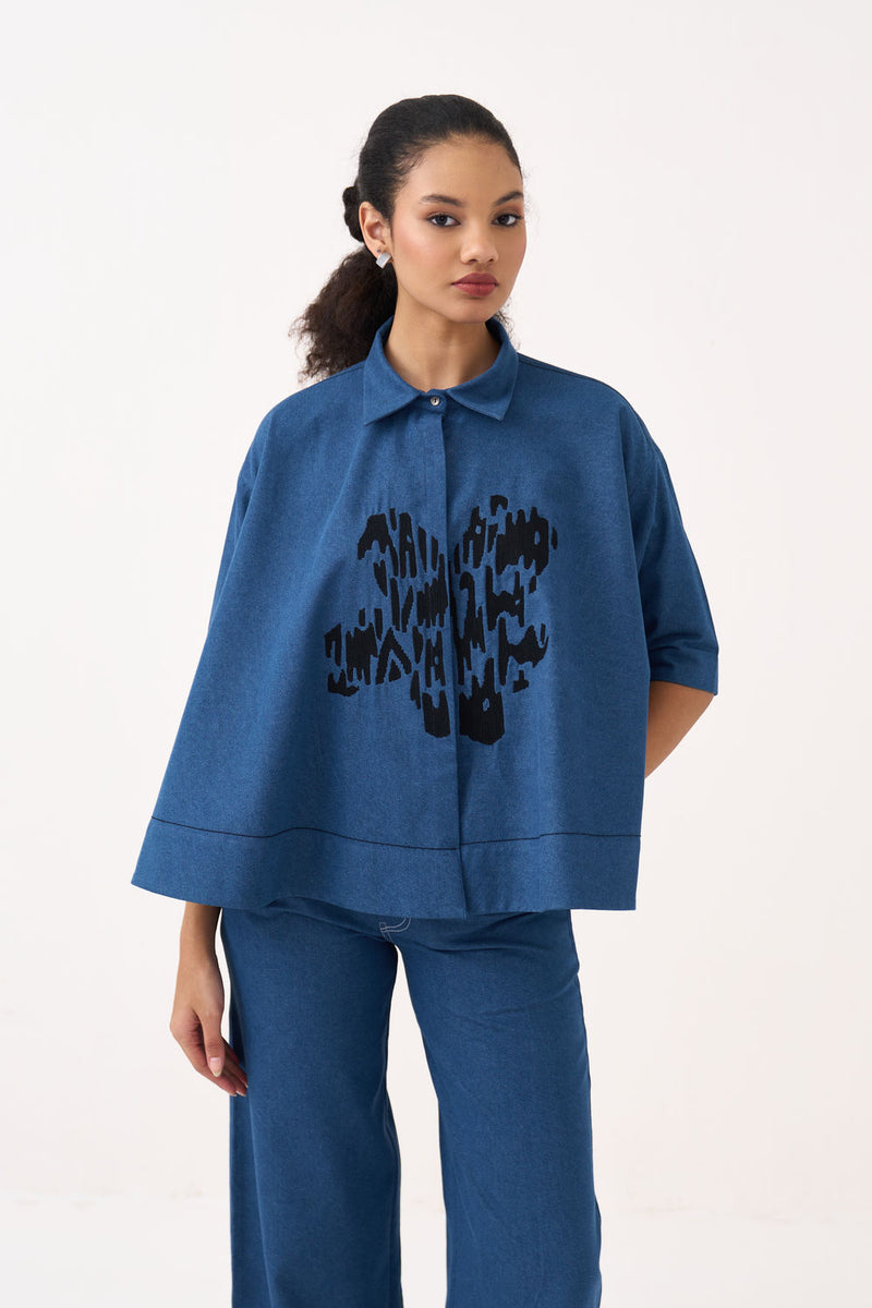 Floral Emb. Denim Shirt-Denim Blue denim tunics and kaftans by THREE in blue for women Worldwide