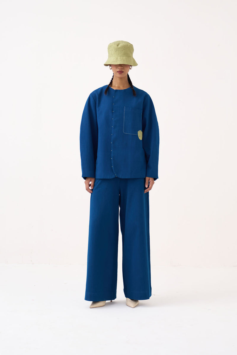 Emb. Contour Overlay Co-Ord (Set Of 2)-Cobalt Blue handwoven cotton co-ord set by THREE in blue for women Worldwide