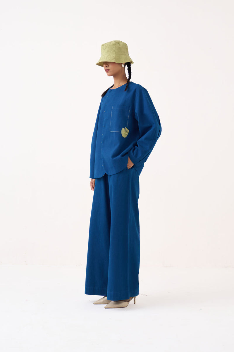Emb. Contour Overlay Co-Ord (Set Of 2)-Cobalt Blue handwoven cotton co-ord set by THREE in blue for women Worldwide