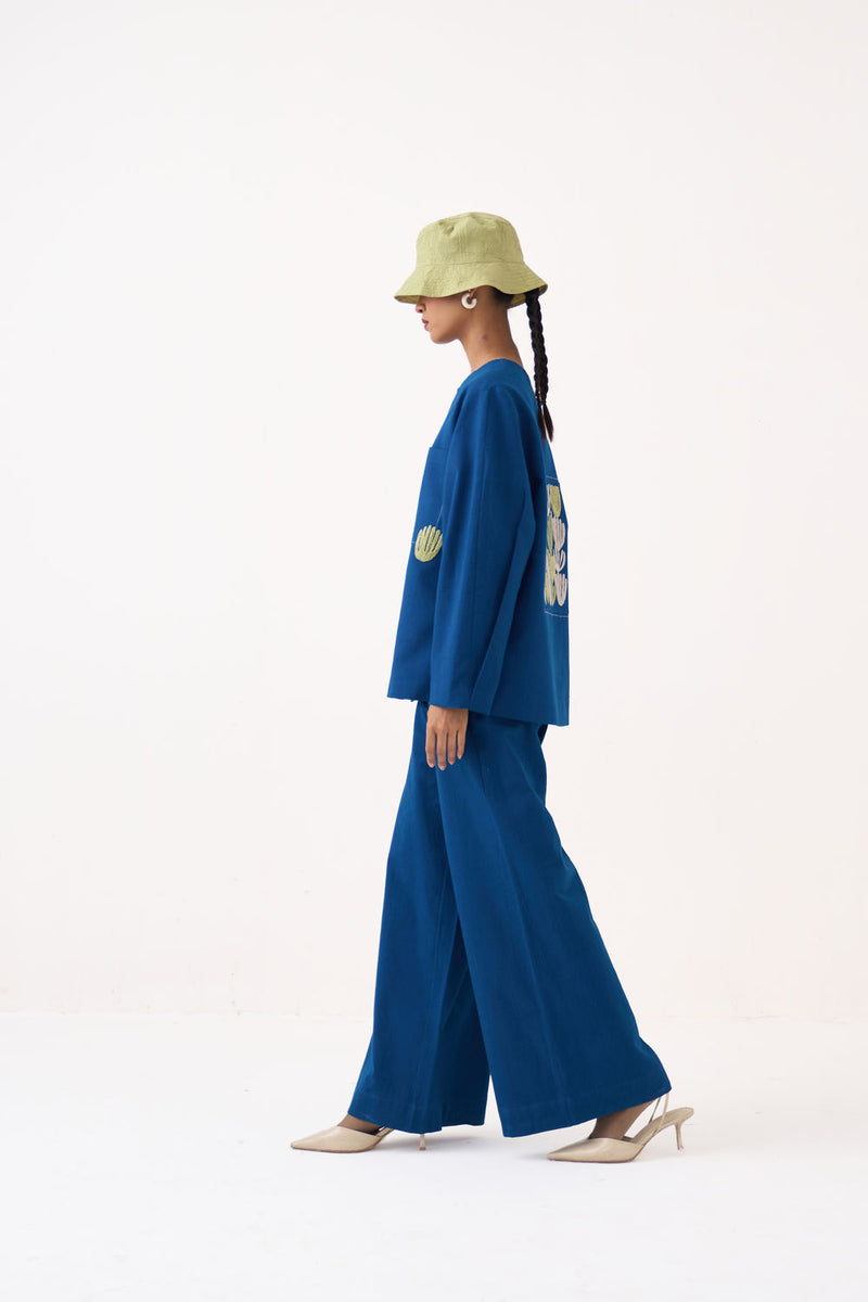 Emb. Contour Overlay Co-Ord (Set Of 2)-Cobalt Blue handwoven cotton co-ord set by THREE in blue for women Worldwide