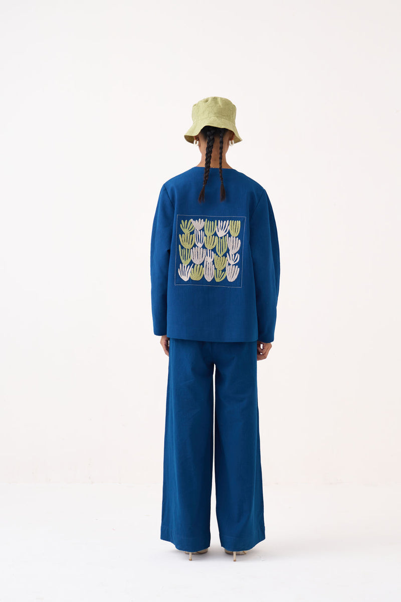Emb. Contour Overlay-Cobalt Blue handwoven cotton jacket/overlay by THREE in blue for women Worldwide