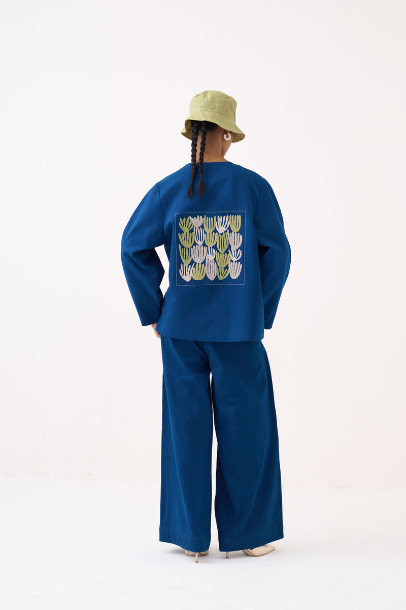 Emb. Contour Overlay Co-Ord (Set Of 2)-Cobalt Blue handwoven cotton co-ord set by THREE in blue for women Worldwide