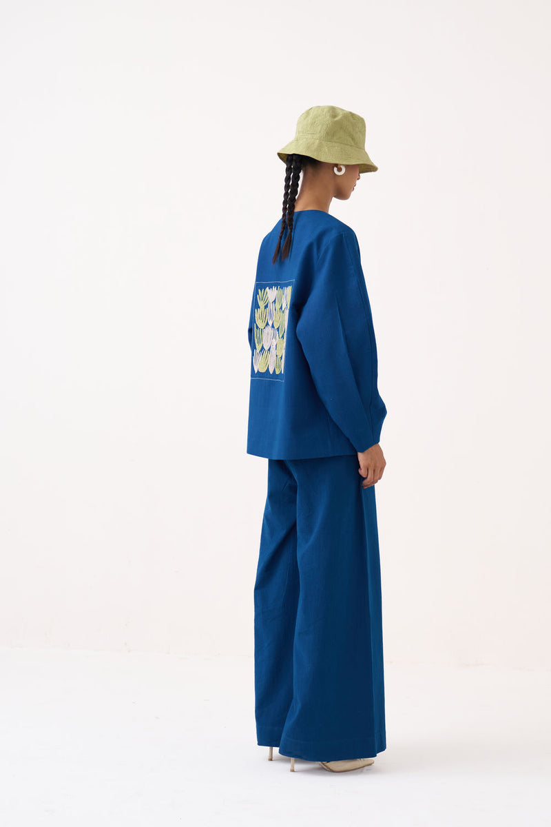 Emb. Contour Overlay Co-Ord (Set Of 2)-Cobalt Blue handwoven cotton co-ord set by THREE in blue for women Worldwide