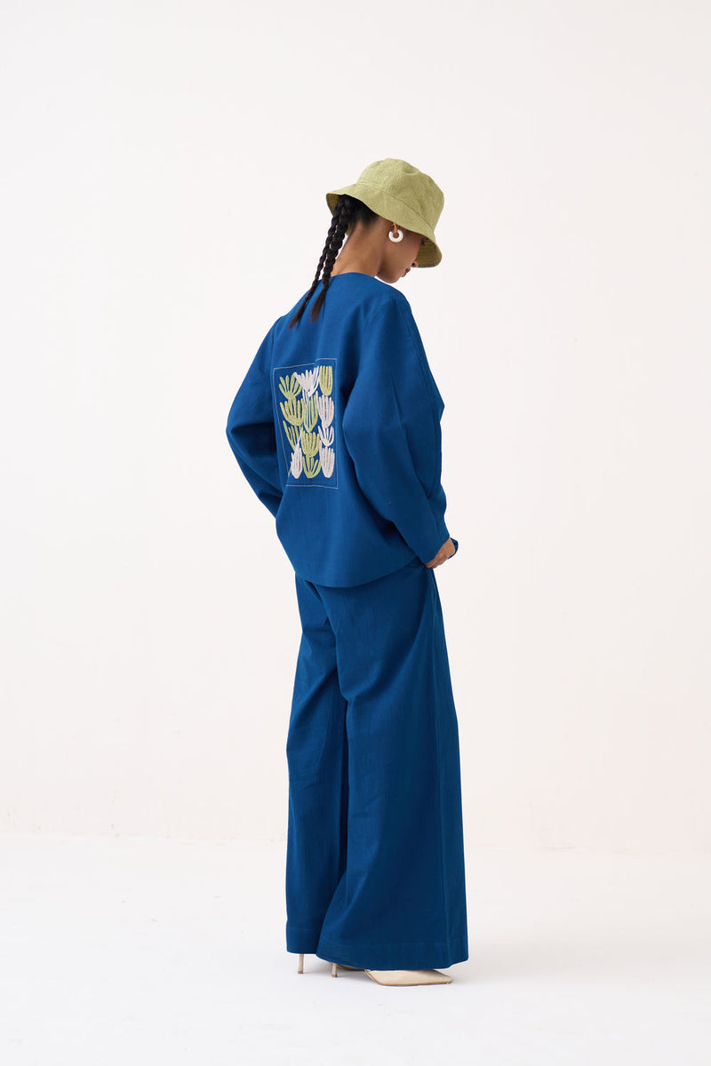 Emb. Contour Overlay-Cobalt Blue handwoven cotton jacket/overlay by THREE in blue for women Worldwide