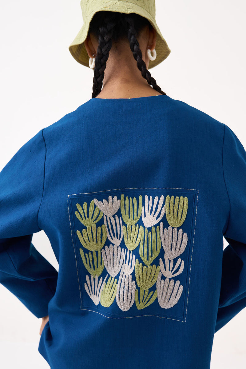 Emb. Contour Overlay Co-Ord (Set Of 2)-Cobalt Blue handwoven cotton co-ord set by THREE in blue for women Worldwide
