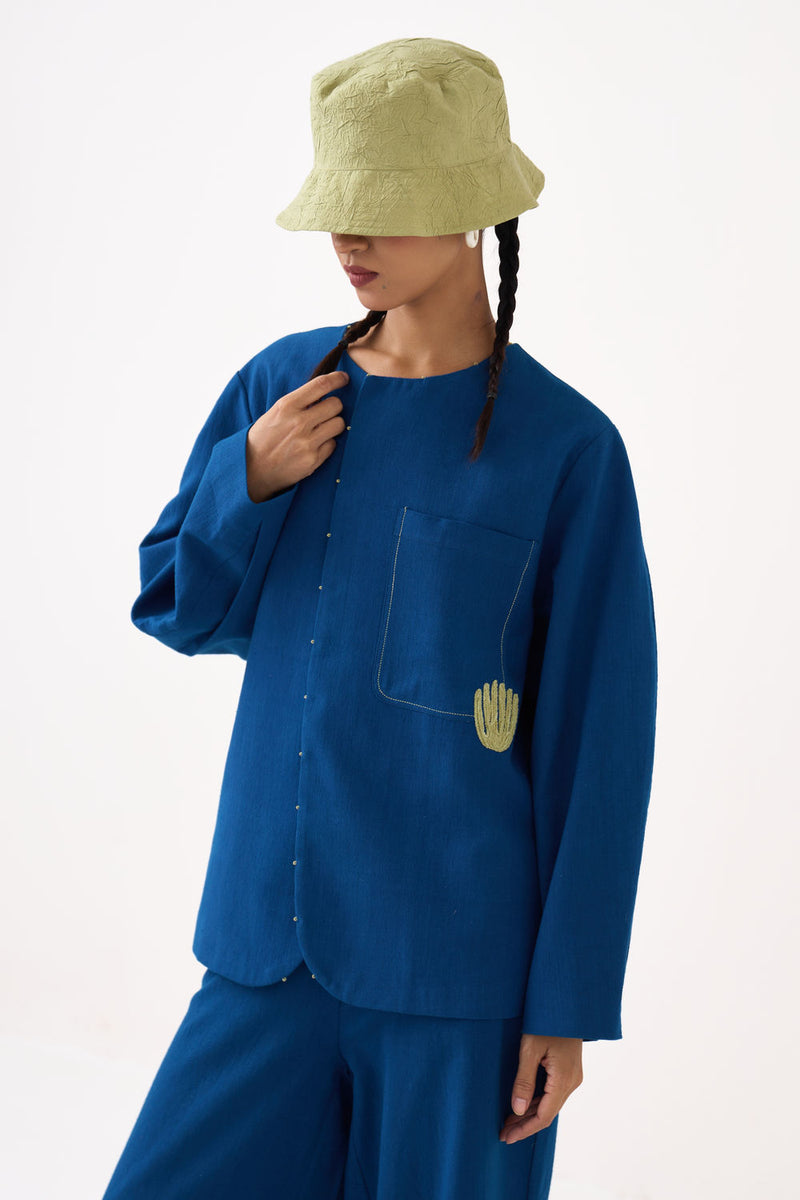 Emb. Contour Overlay-Cobalt Blue handwoven cotton jacket/overlay by THREE in blue for women Worldwide