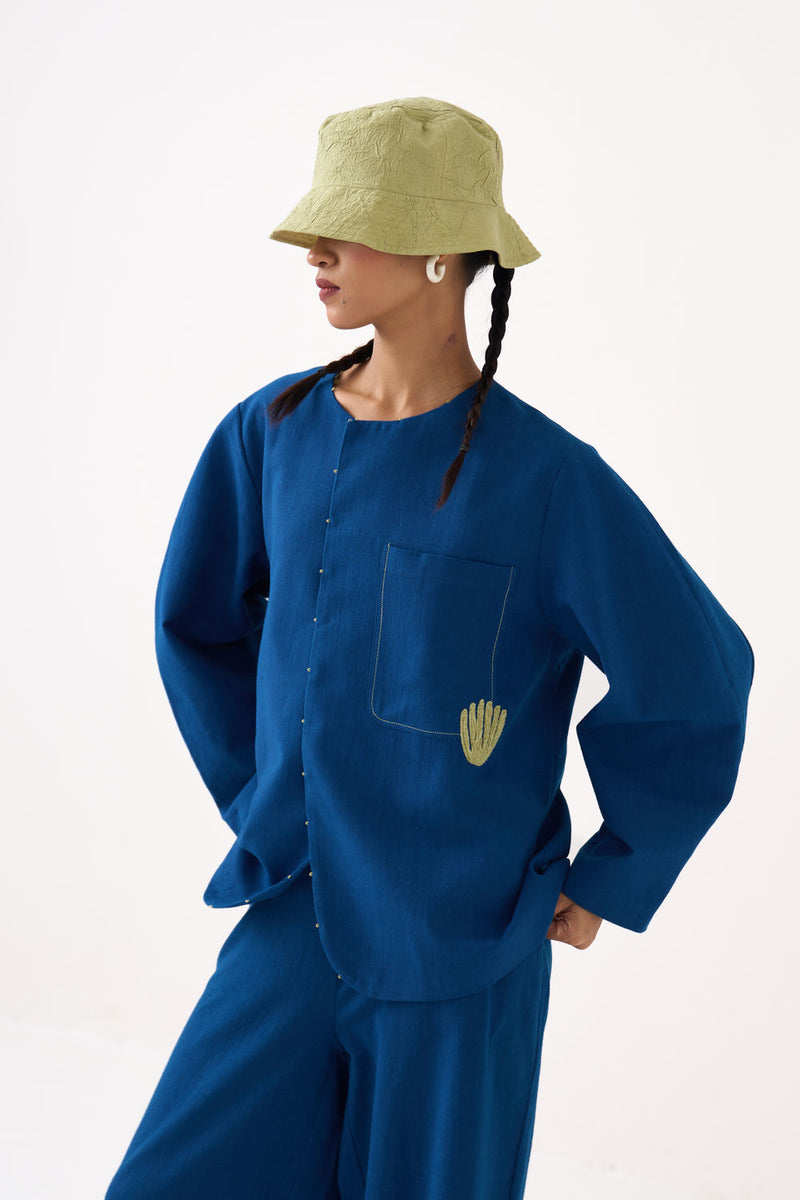Emb. Contour Overlay-Cobalt Blue handwoven cotton jacket/overlay by THREE in blue for women Worldwide
