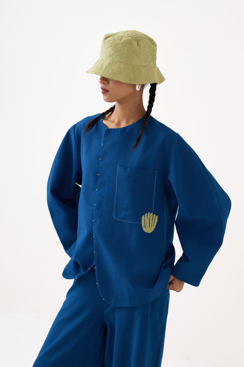 Emb. Contour Overlay-Cobalt Blue handwoven cotton jacket/overlay by THREE in blue for women Worldwide