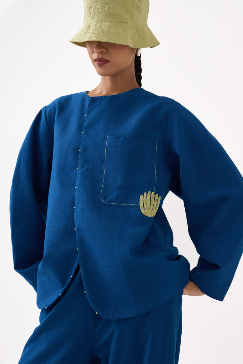 Emb. Contour Overlay-Cobalt Blue handwoven cotton jacket/overlay by THREE in blue for women Worldwide