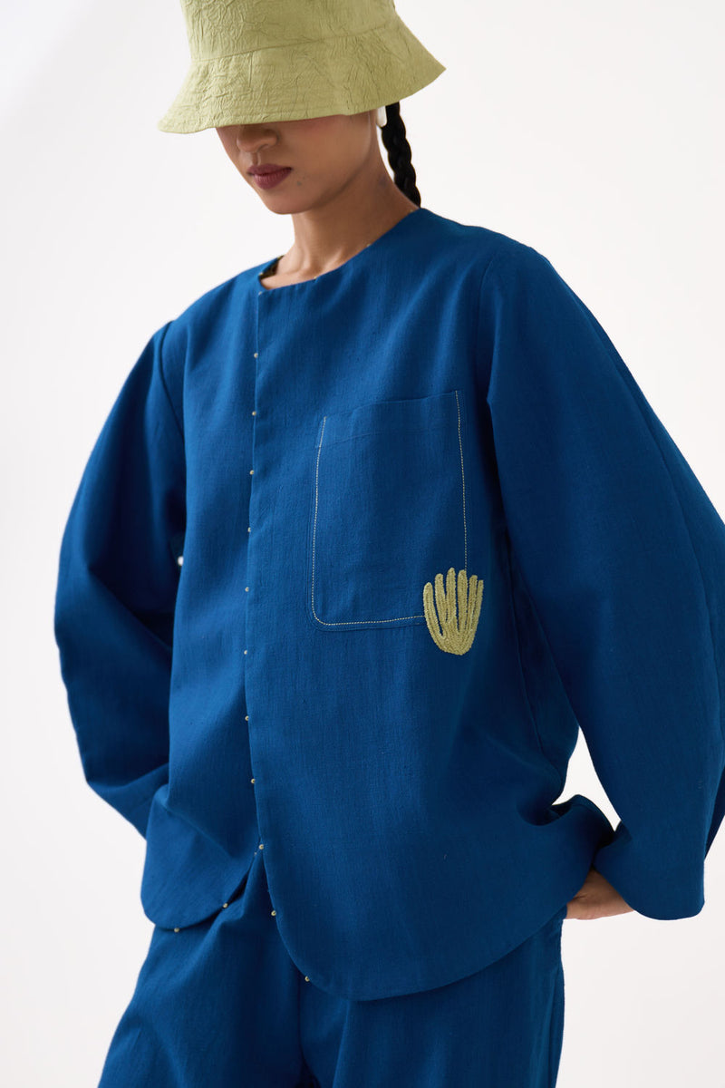 Emb. Contour Overlay-Cobalt Blue handwoven cotton jacket/overlay by THREE in blue for women Worldwide
