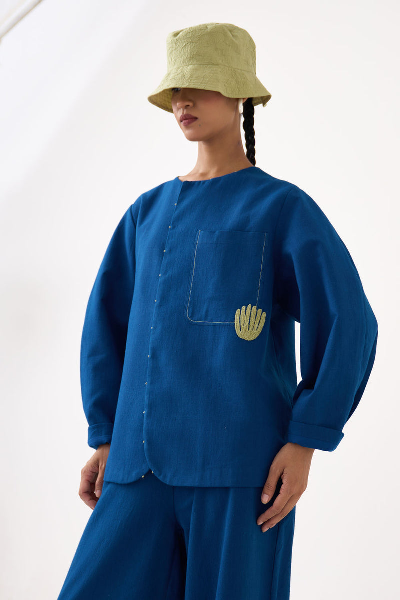 Emb. Contour Overlay-Cobalt Blue handwoven cotton jacket/overlay by THREE in blue for women Worldwide