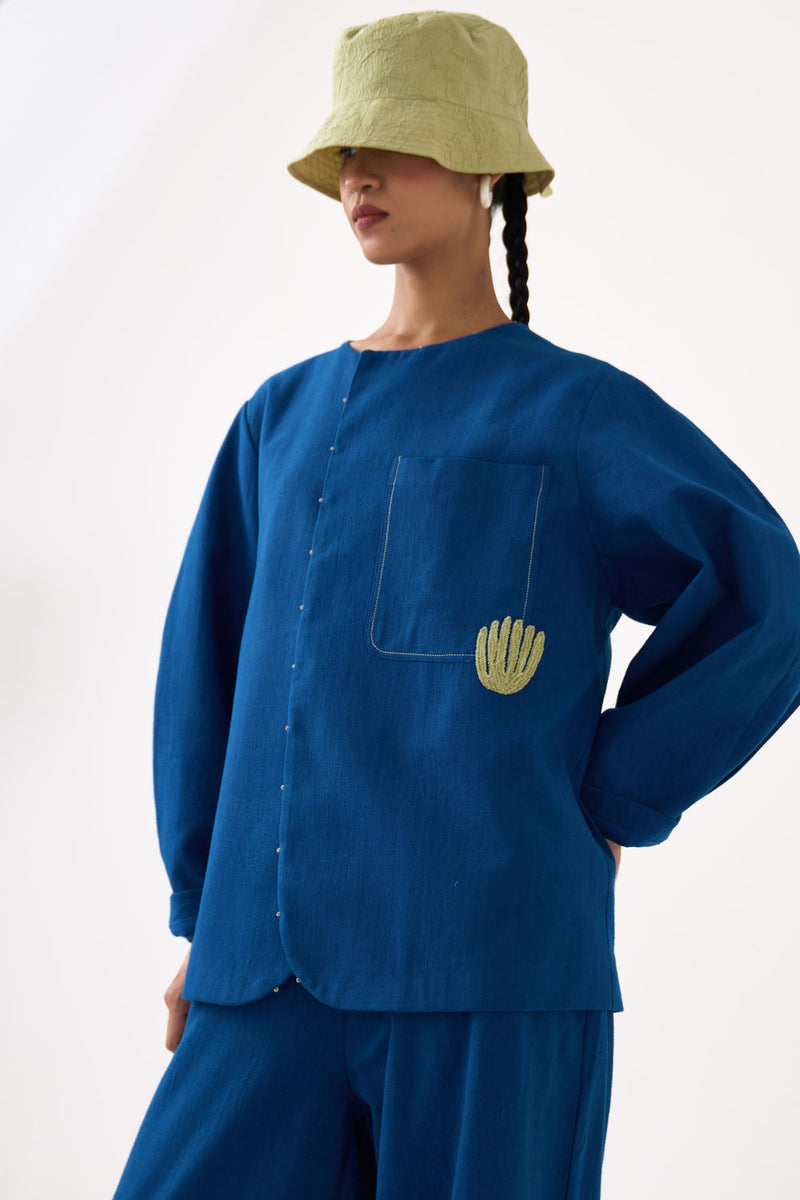 Emb. Contour Overlay-Cobalt Blue handwoven cotton jacket/overlay by THREE in blue for women Worldwide
