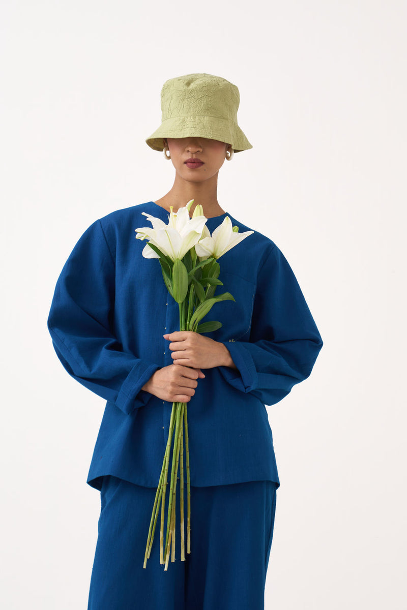 Emb. Contour Overlay Co-Ord (Set Of 2)-Cobalt Blue handwoven cotton co-ord set by THREE in blue for women Worldwide