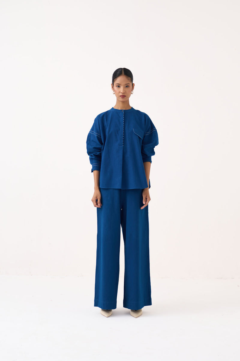 Short Bat Sleeve Top Co-Ord (Set Of 2)-Cobalt Blue handwoven cotton co-ord set by THREE in blue for women Worldwide