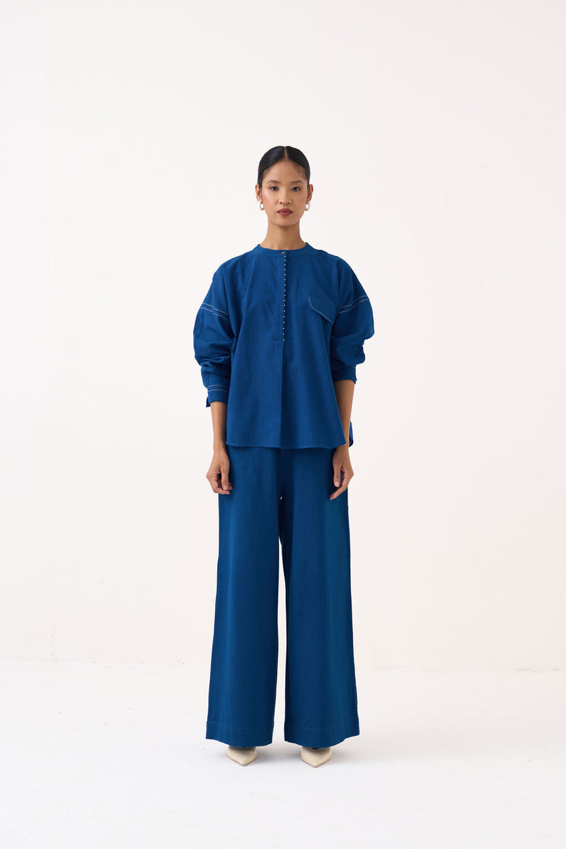 Short Bat Sleeve Top-Cobalt Blue handwoven cotton top/shirt by THREE in blue for women Worldwide
