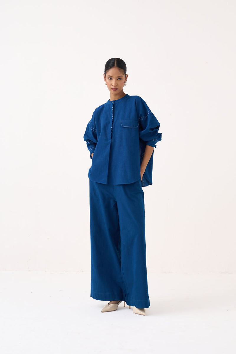 Short Bat Sleeve Top Co-Ord (Set Of 2)-Cobalt Blue handwoven cotton co-ord set by THREE in blue for women Worldwide