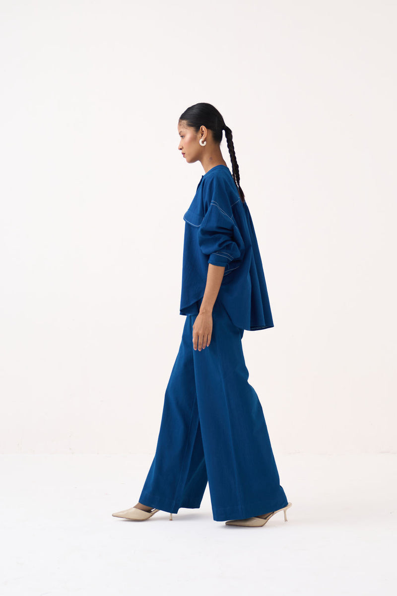 Short Bat Sleeve Top Co-Ord (Set Of 2)-Cobalt Blue handwoven cotton co-ord set by THREE in blue for women Worldwide