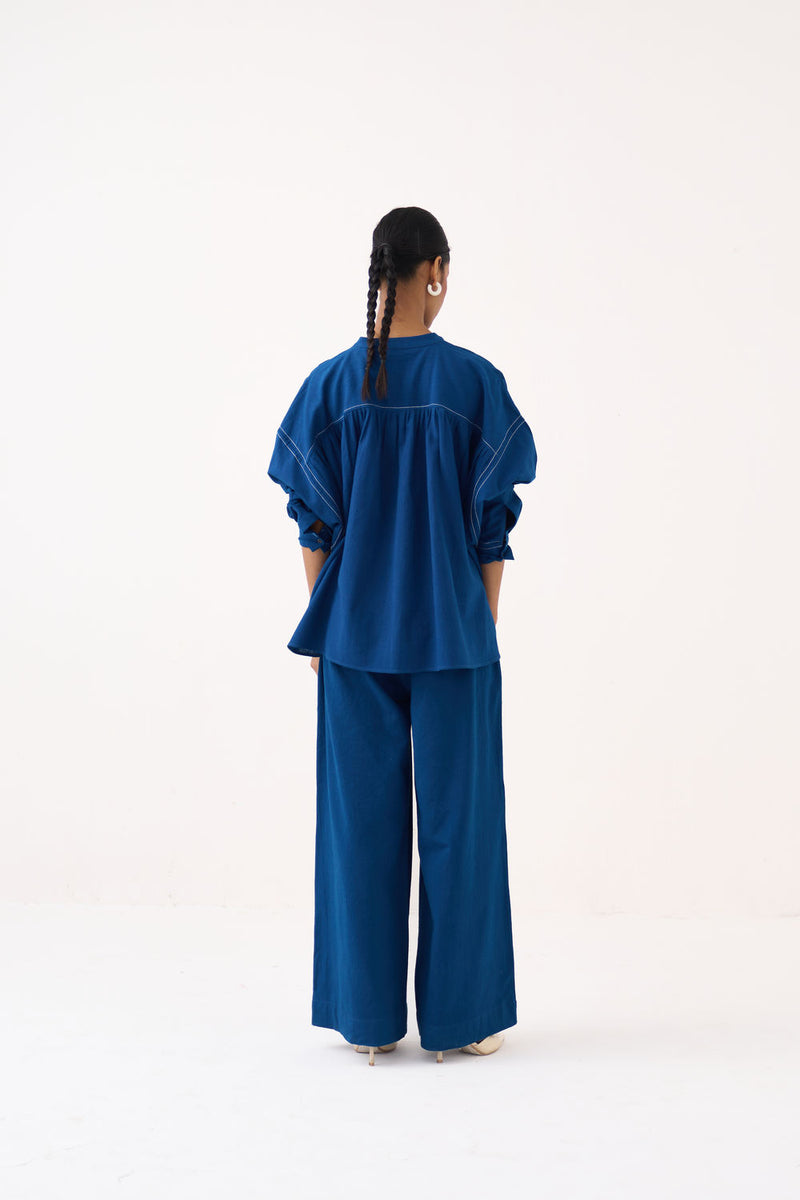Short Bat Sleeve Top Co-Ord (Set Of 2)-Cobalt Blue handwoven cotton co-ord set by THREE in blue for women Worldwide