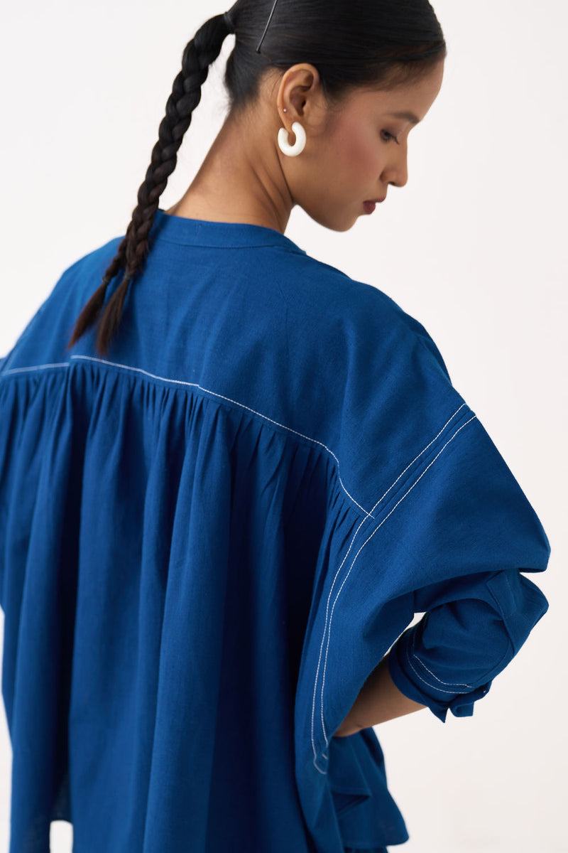 Short Bat Sleeve Top-Cobalt Blue handwoven cotton top/shirt by THREE in blue for women Worldwide