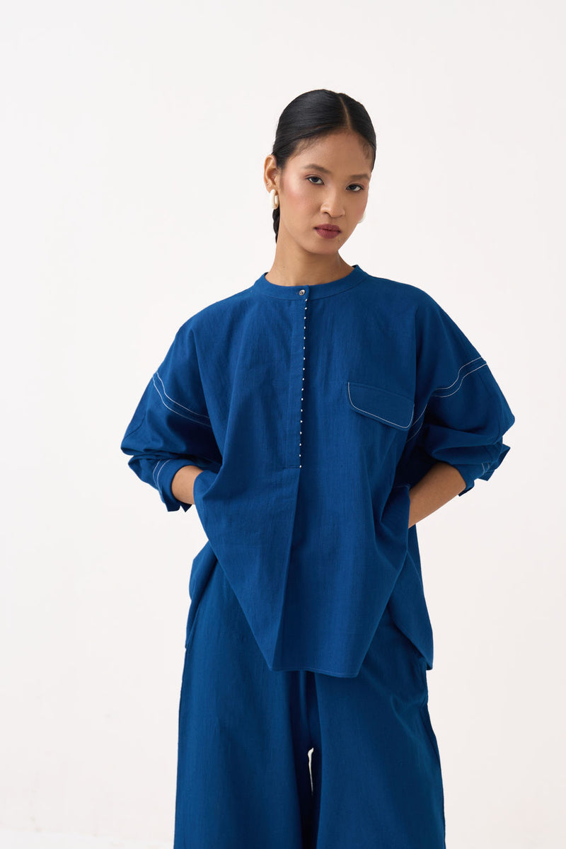 Short Bat Sleeve Top-Cobalt Blue handwoven cotton top/shirt by THREE in blue for women Worldwide