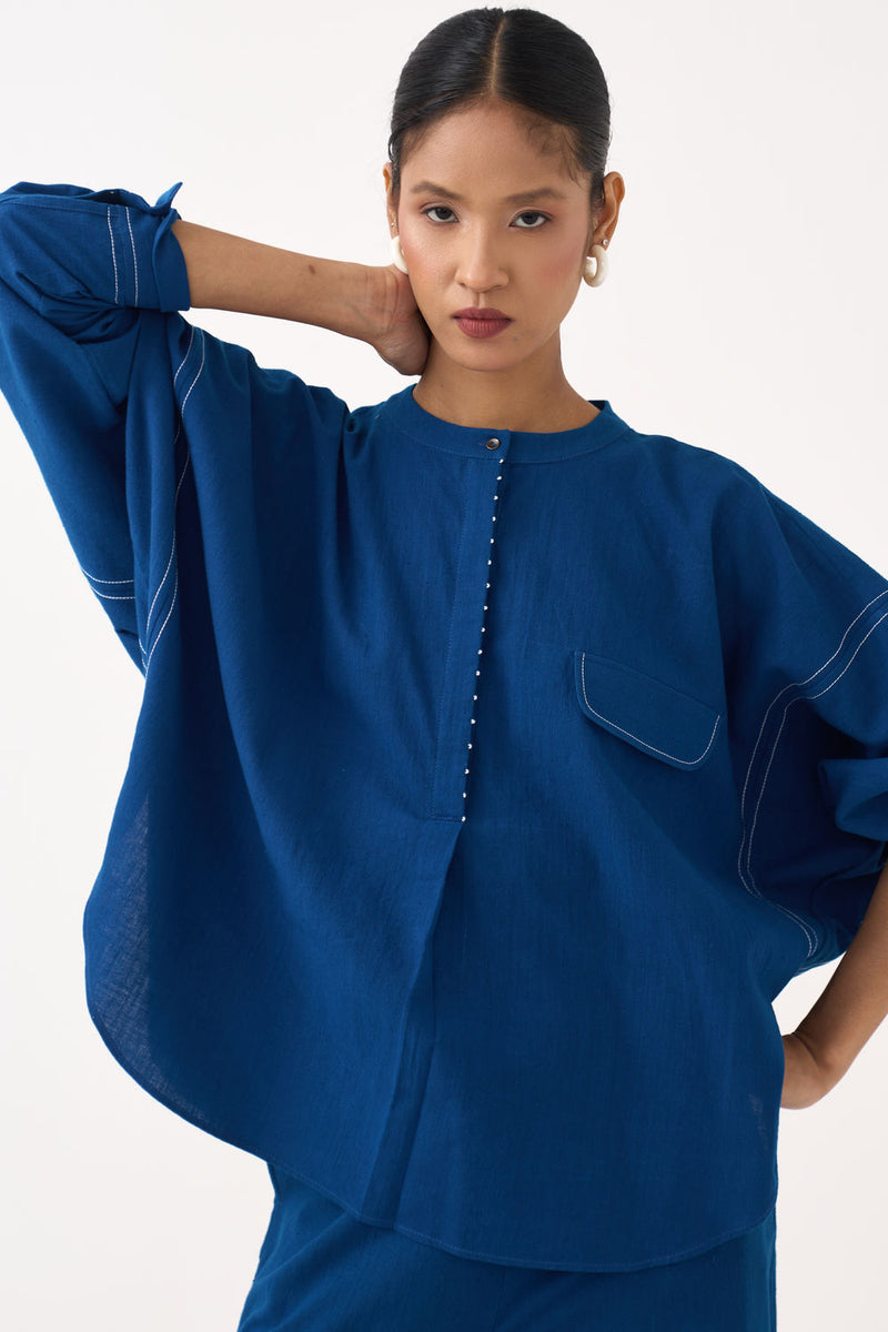 Short Bat Sleeve Top Co-Ord (Set Of 2)-Cobalt Blue handwoven cotton co-ord set by THREE in blue for women Worldwide