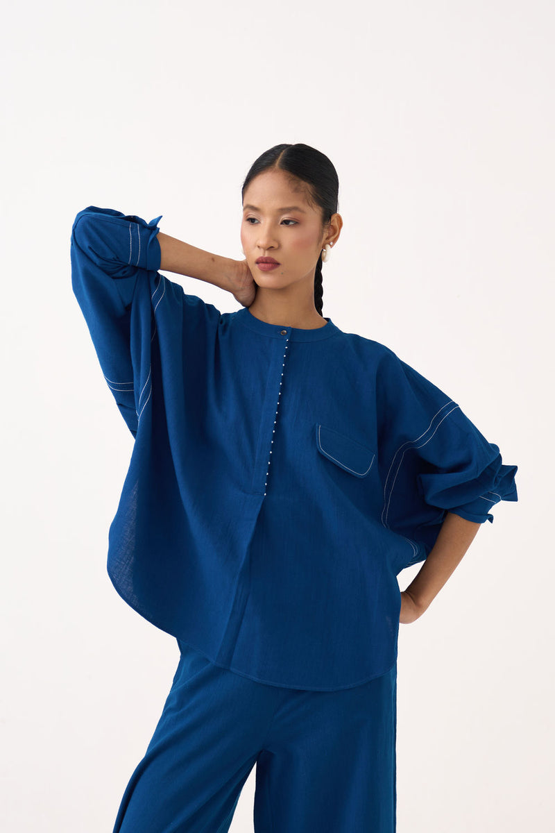 Short Bat Sleeve Top-Cobalt Blue handwoven cotton top/shirt by THREE in blue for women Worldwide