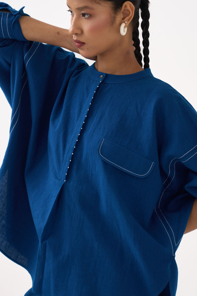 Short Bat Sleeve Top-Cobalt Blue handwoven cotton top/shirt by THREE in blue for women Worldwide