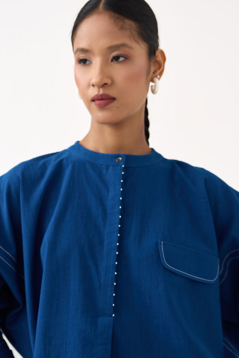 Short Bat Sleeve Top-Cobalt Blue handwoven cotton top/shirt by THREE in blue for women Worldwide