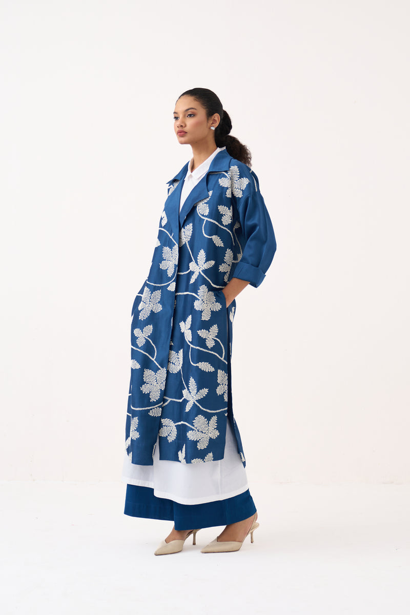 Floral All Over Emb. Overlay-Cobalt Blue chanderi jacket/overlay by THREE in blue for women Worldwide