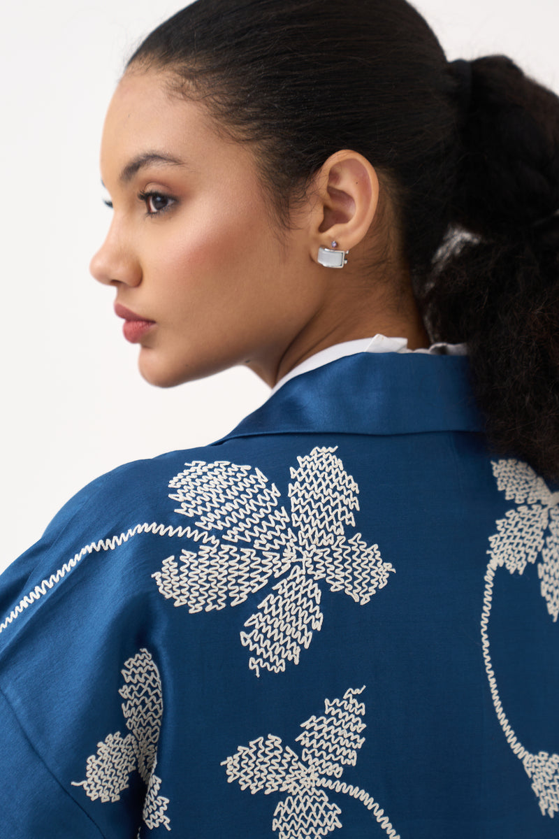 Floral All Over Emb. Overlay-Cobalt Blue chanderi jacket/overlay by THREE in blue for women Worldwide