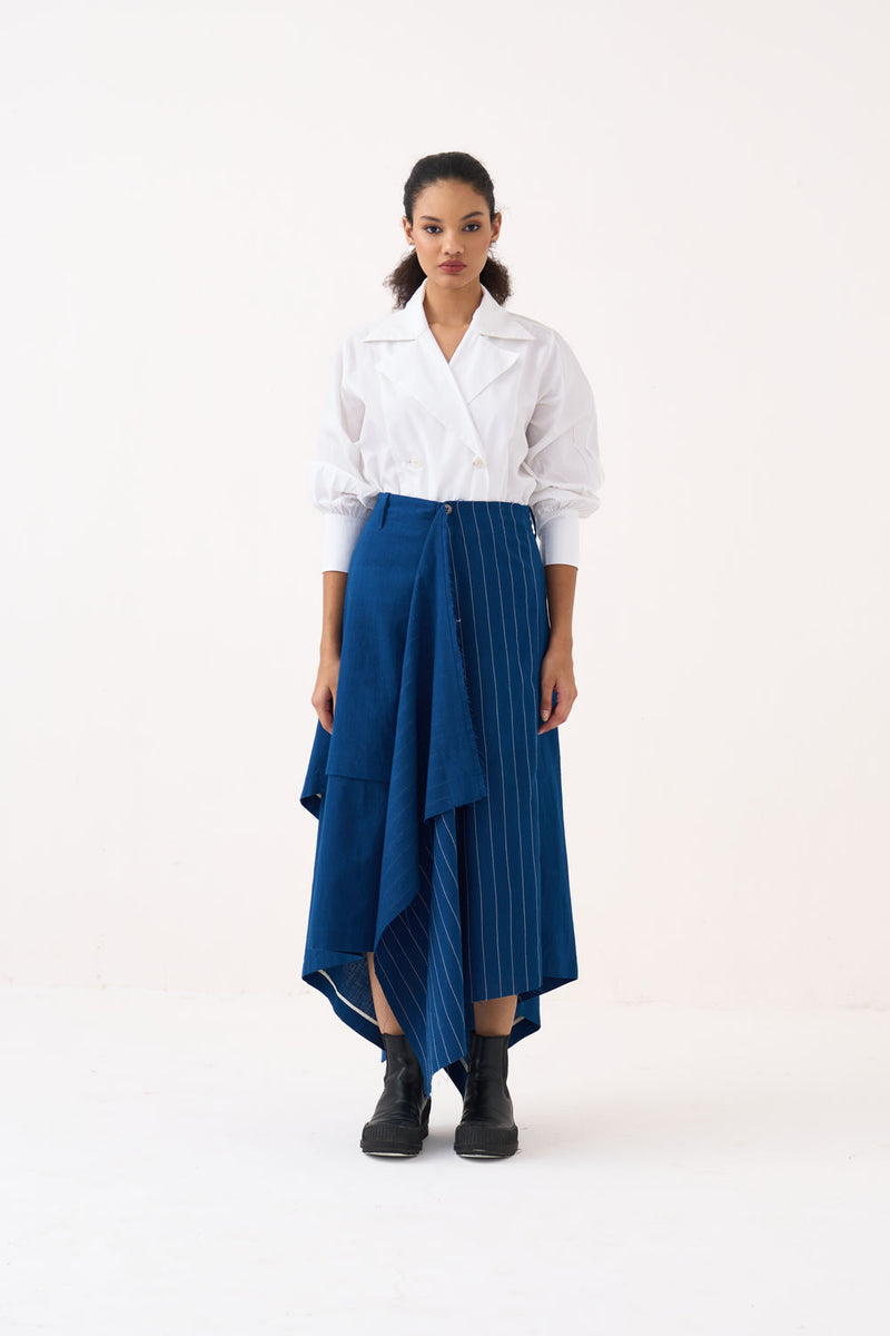 Handkerchief Skirt Co-Ord (Set Of 2)-Cobalt Blue handwoven cotton co-ord set by THREE in blue, white for women Worldwide