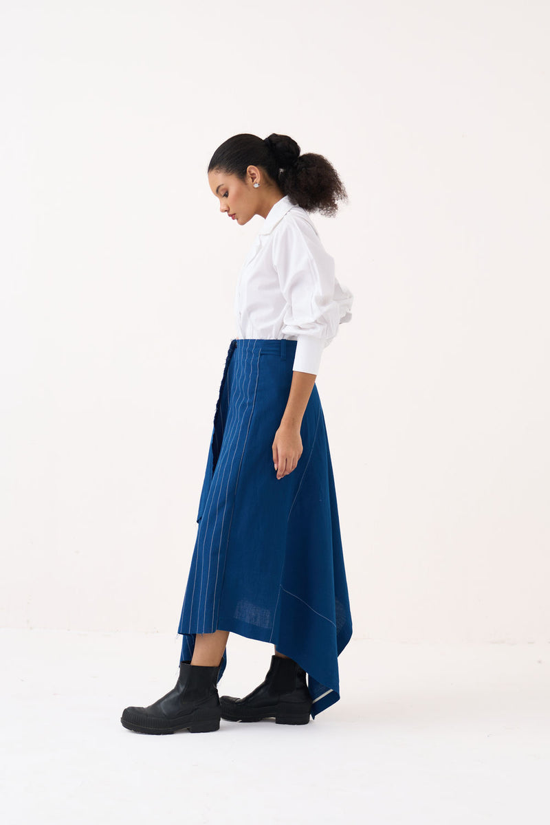 Handkerchief Skirt Co-Ord (Set Of 2)-Cobalt Blue handwoven cotton co-ord set by THREE in blue, white for women Worldwide