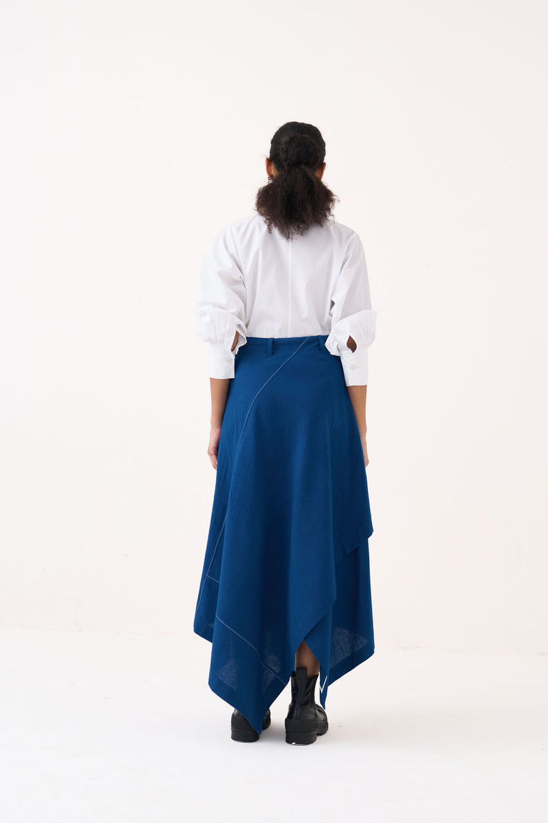 Handkerchief Skirt Co-Ord (Set Of 2)-Cobalt Blue handwoven cotton co-ord set by THREE in blue, white for women Worldwide