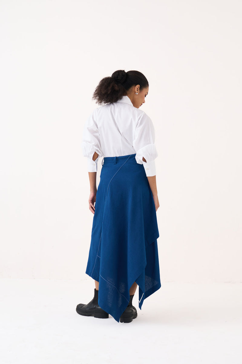 Handkerchief Skirt Co-Ord (Set Of 2)-Cobalt Blue handwoven cotton co-ord set by THREE in blue, white for women Worldwide