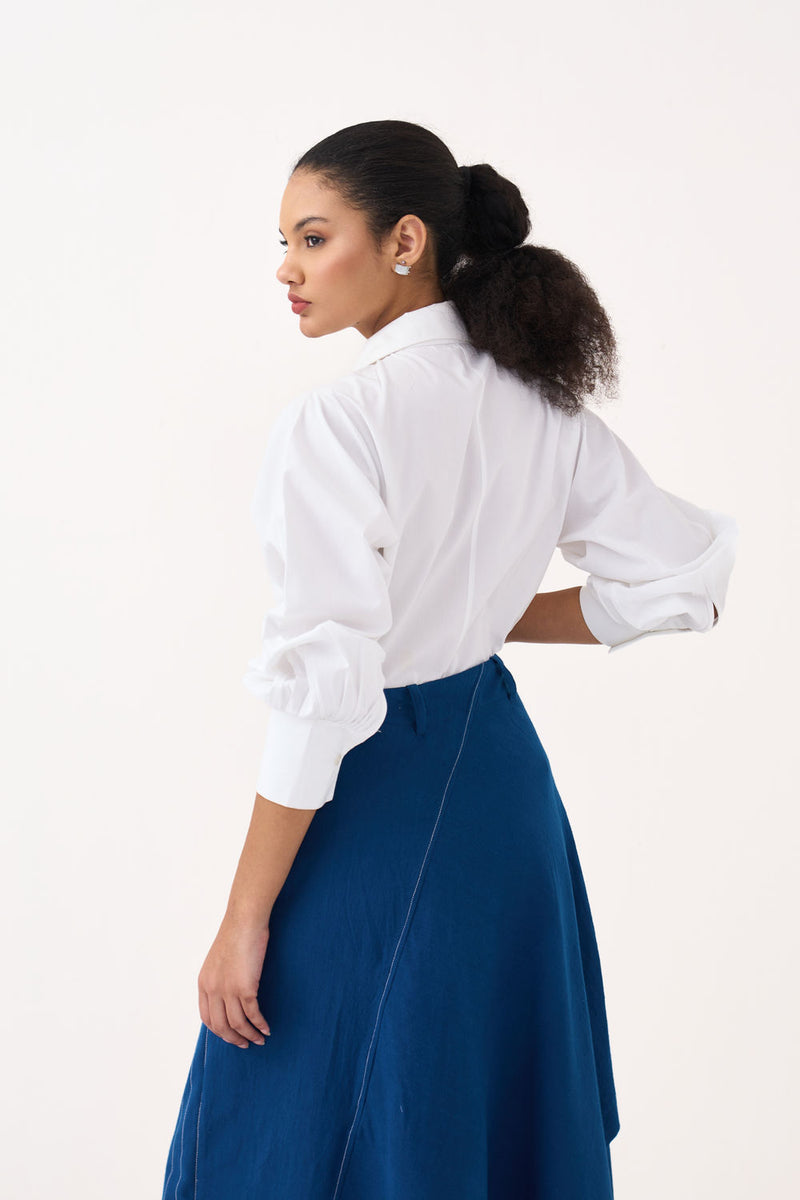 Handkerchief Skirt Co-Ord (Set Of 2)-Cobalt Blue handwoven cotton co-ord set by THREE in blue, white for women Worldwide