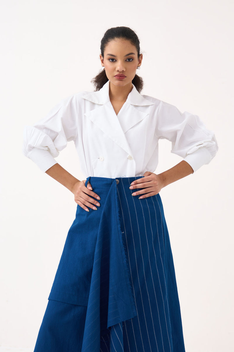 Handkerchief Skirt Co-Ord (Set Of 2)-Cobalt Blue handwoven cotton co-ord set by THREE in blue, white for women Worldwide