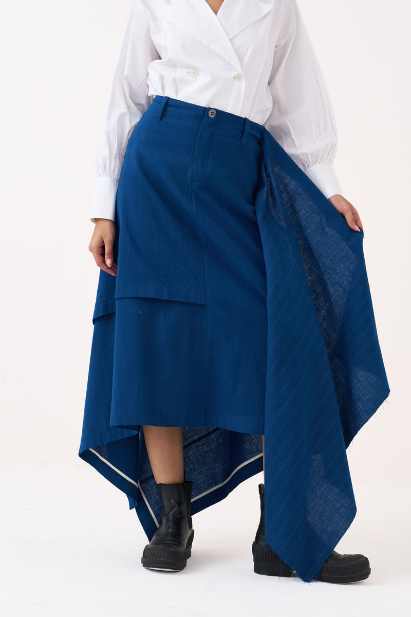 Handkerchief Skirt-Cobalt Blue handwoven cotton skirt by THREE in blue for women Worldwide