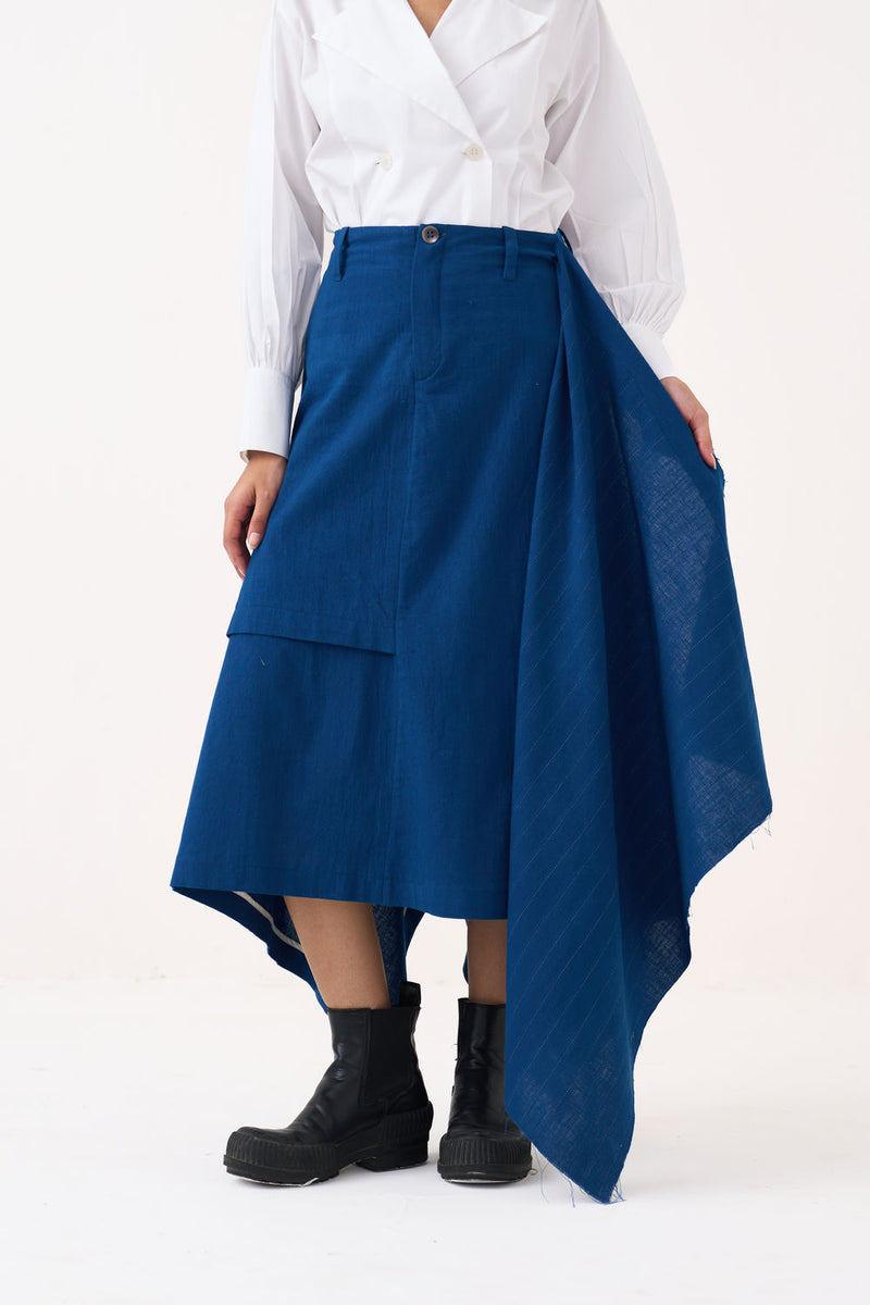 Handkerchief Skirt Co-Ord (Set Of 2)-Cobalt Blue handwoven cotton co-ord set by THREE in blue, white for women Worldwide