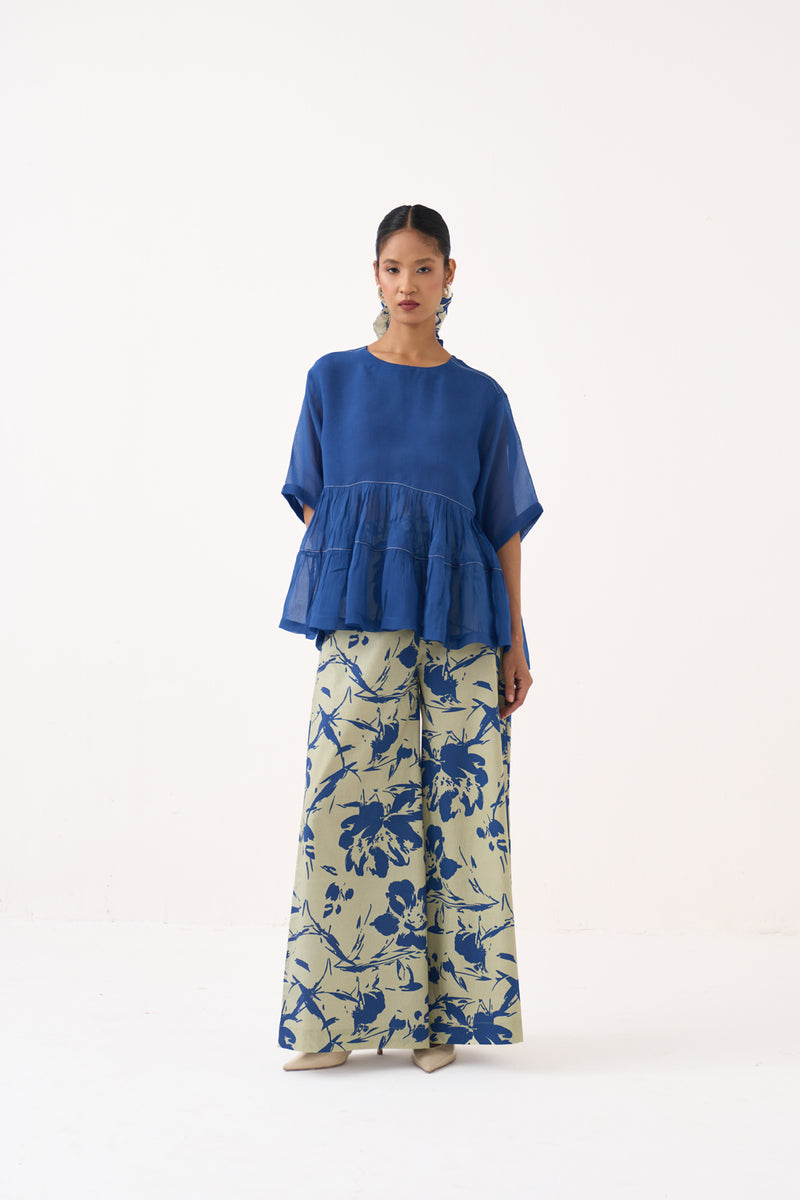 Printed Wide Leg Bottom-Cobalt Blue/Soft Moss 100% cotton poplin pant/trouser by THREE in cobalt blue for women Worldwide