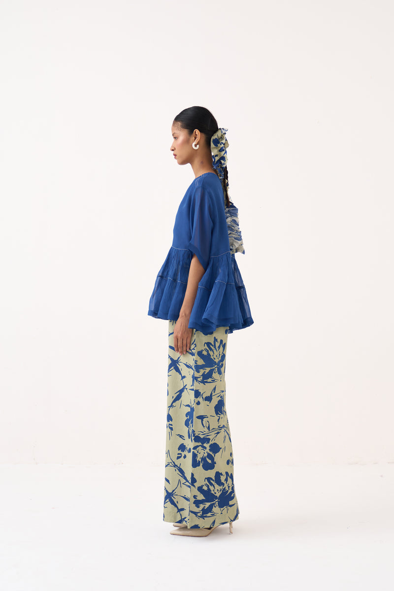 Yoke Gather Top-Cobalt Blue organza top/shirt by THREE in cobalt blue for women Worldwide
